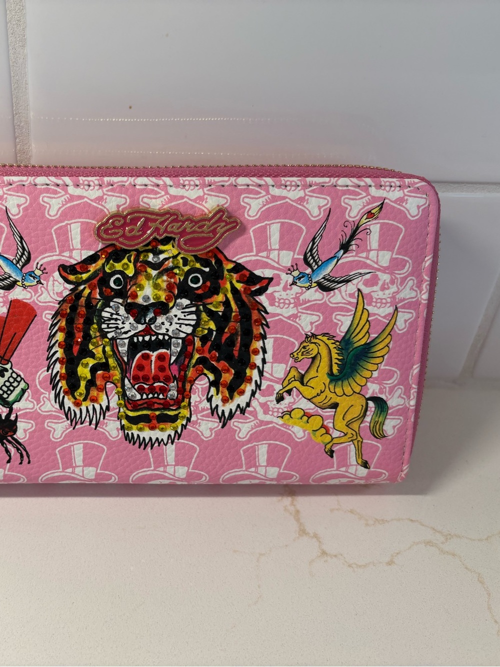 NWT Ed Hardy Pink Tattoo Wristlet with Leopard Tiger and Pegasus Double Zip